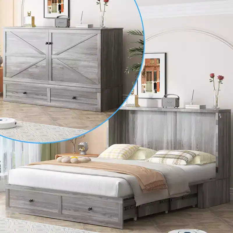 Mjkone Modern Full/Queen Size Murphy Bed Chest With Storage,NO MATTRESS,GREY