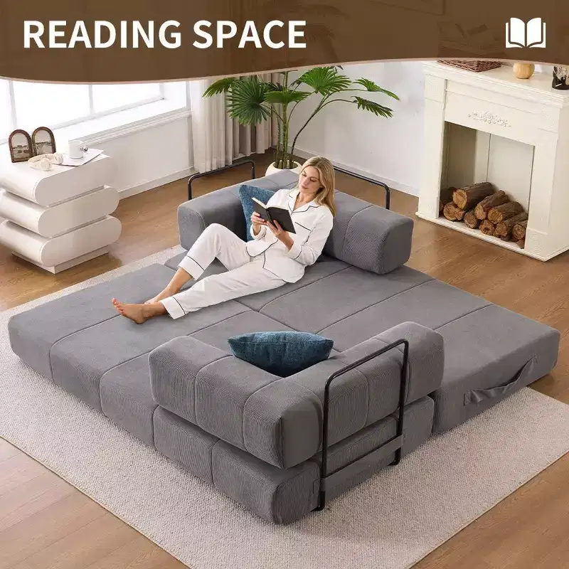 4-in-1 Convertible Sofa Bed, Corduroy Floor Couch Sleeper with 2 Pillows & Metal Arms, High-Density Foam Guest Bed, Gray