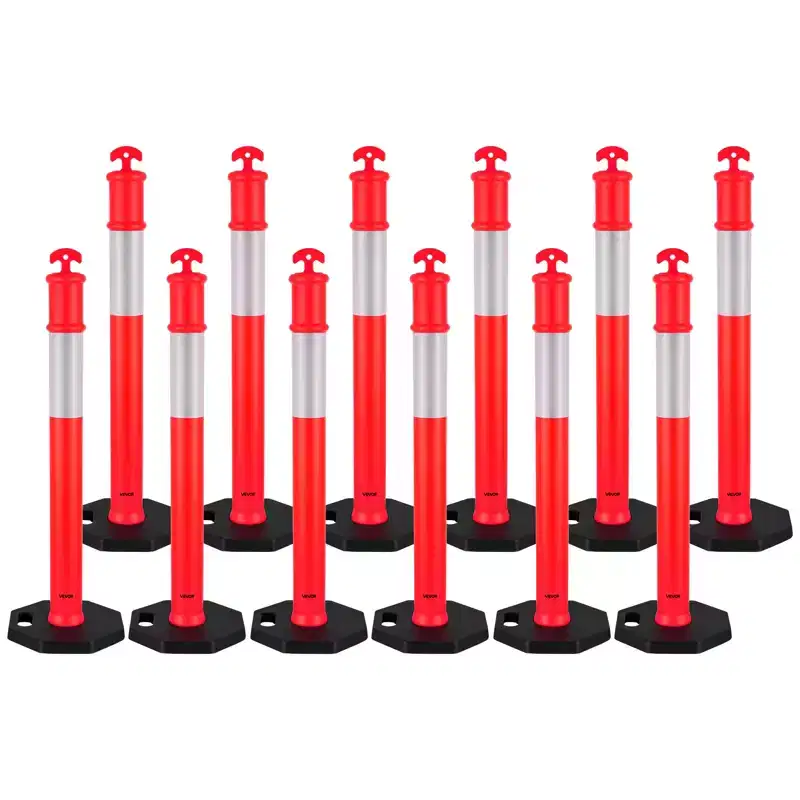 VEVOR 12 Pack Traffic Delineator Posts, 48 inches Traffic Safety Cones with Weighted Base and Reflective Strips, Heavy Duty Delineator Posts, Red