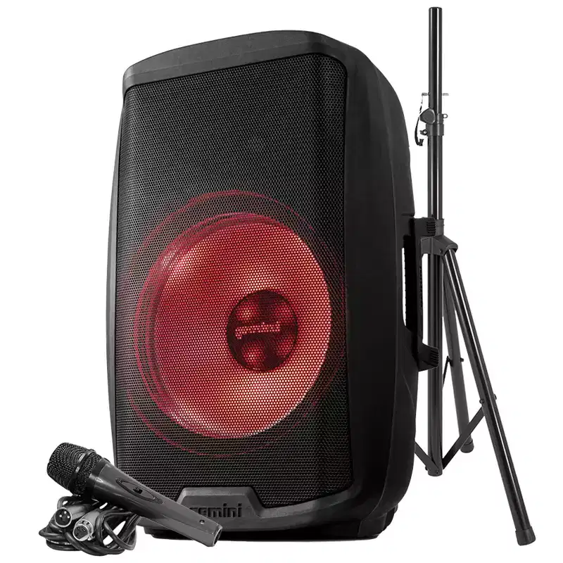 Gemini AS Series Bluetooth Multi-LED Portable PA Speaker Kit with Stand and Wired Microphone, Black, AS-2115BT-LT-PK