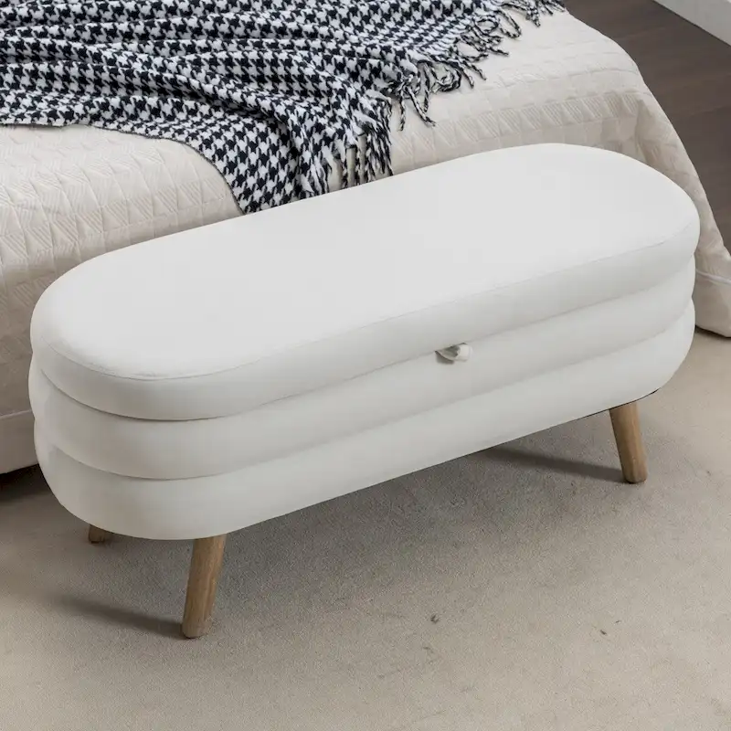 Ivory & Pink Velvet Storage Bench with Wood Legs, 1-Person Indoor Seat