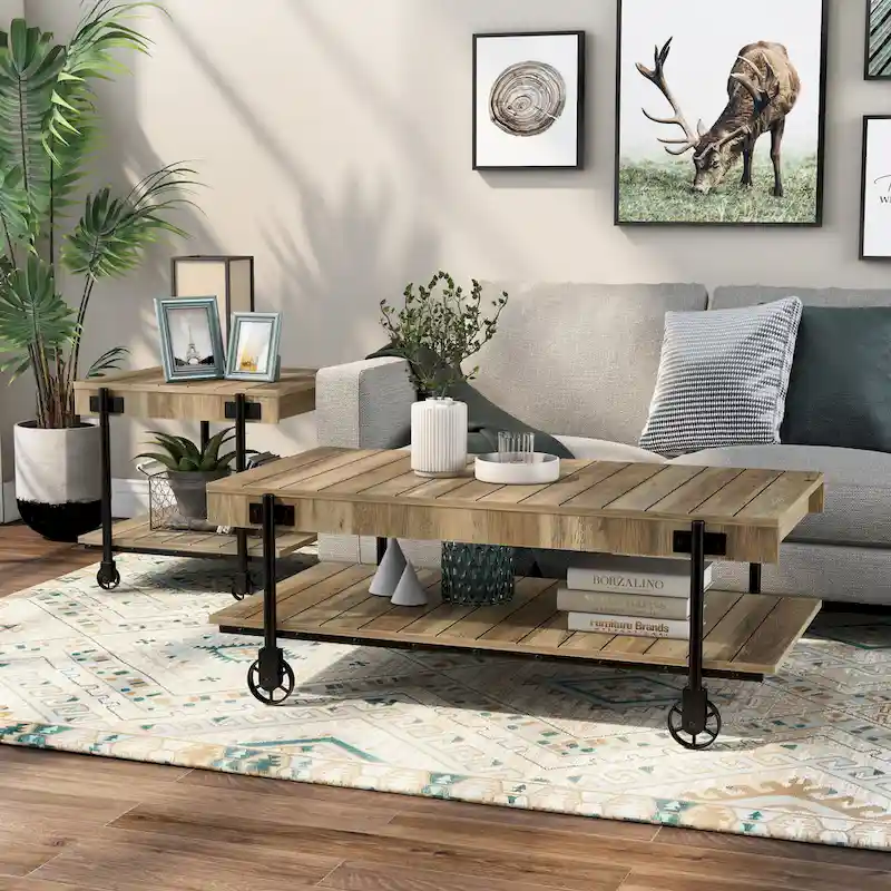 Black Farmhouse Steel 2-Piece Coffee Table Set with Wheels