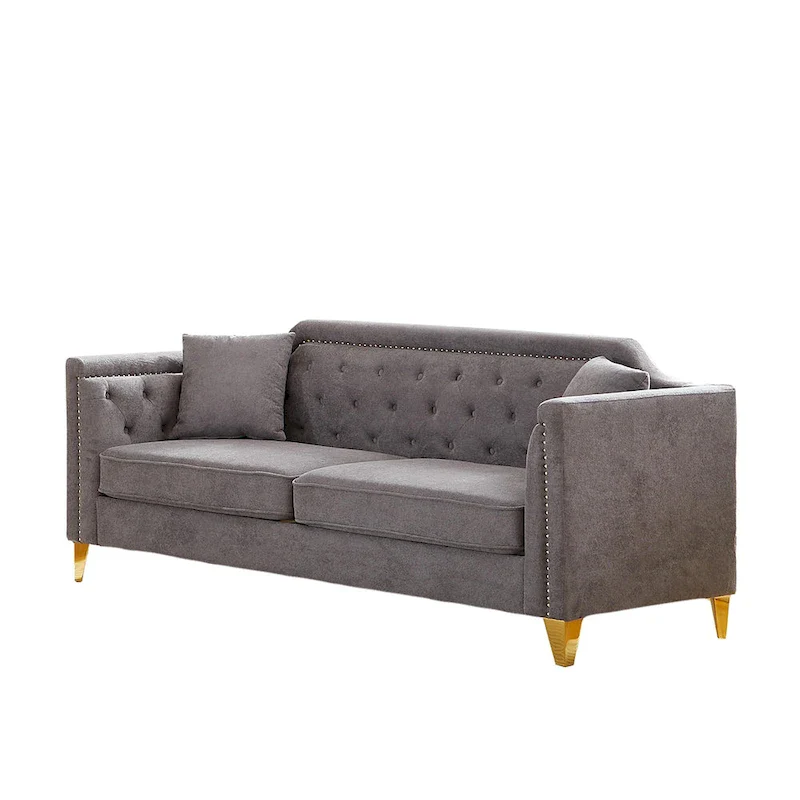 Grey 61.5  Chenille 3-Seater Tufted Sofa with Copper Nail Arms, 2 Pillows