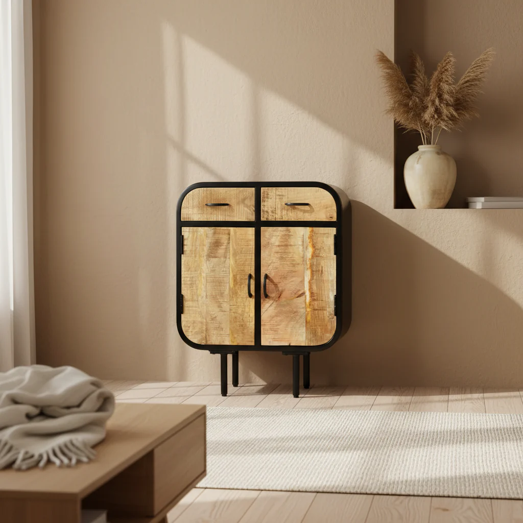 Brown Mango Wood & Iron Sideboard, 2-Door 2-Drawer, 1-Person Assembly