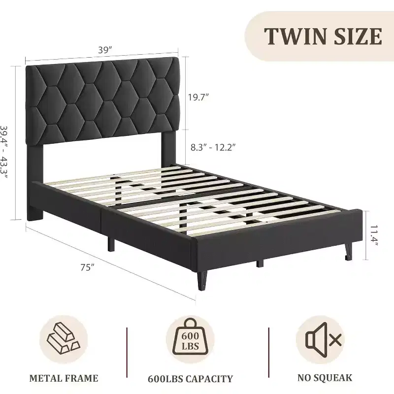 Upholstered Headboard Platform Bed Frame - Heavy-Duty Wood Slats, Noise-Free, No Box Spring Needed, Easy Assembly