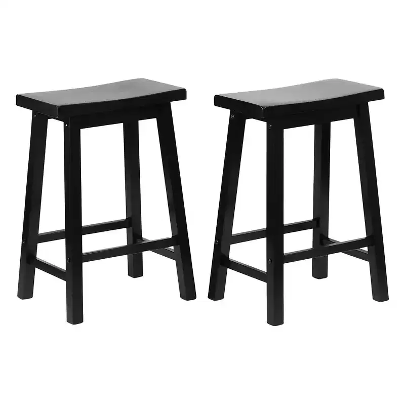 PJ Wood Classic Saddle-Seat 24 Tall Kitchen Counter Stools for Homes, Dining Spaces, and Bars w/Backless Seats, 4 Square Legs, Black (Set of 4)