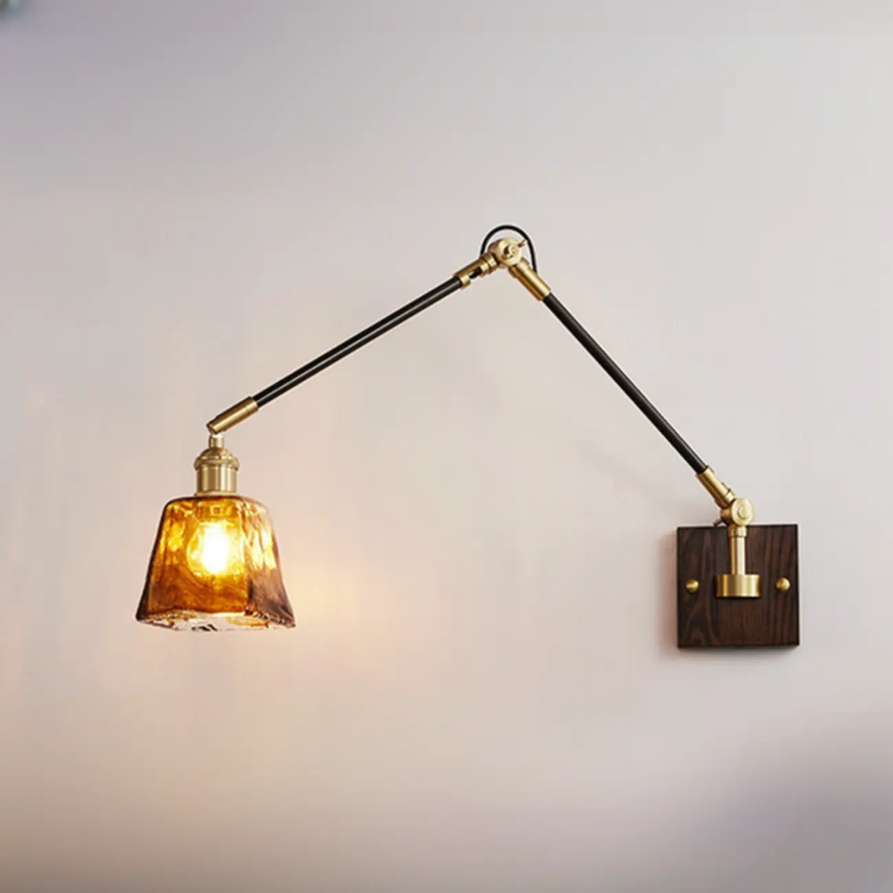 Industrial Amber Swing Arm LED Wall Sconce with Glass Shade