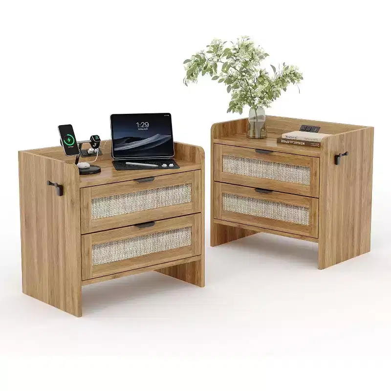 Acekool Rattan Nightstand with Charging Station, 2 Drawer Boho Bedside Table with Type C Port and USB