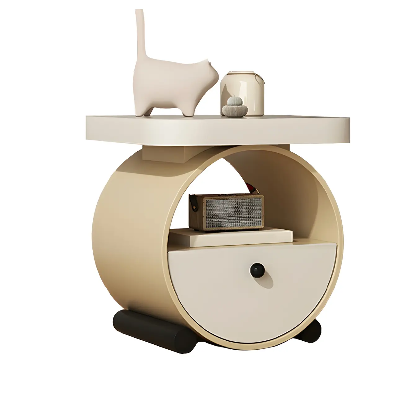 Khaki Beige Round Wooden Nightstand with Shelf & Drawer