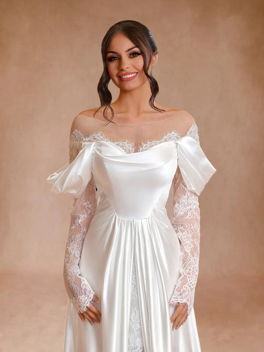 Mermaid Off-the-Shoulder Satin Lace Wedding Dress with Slit