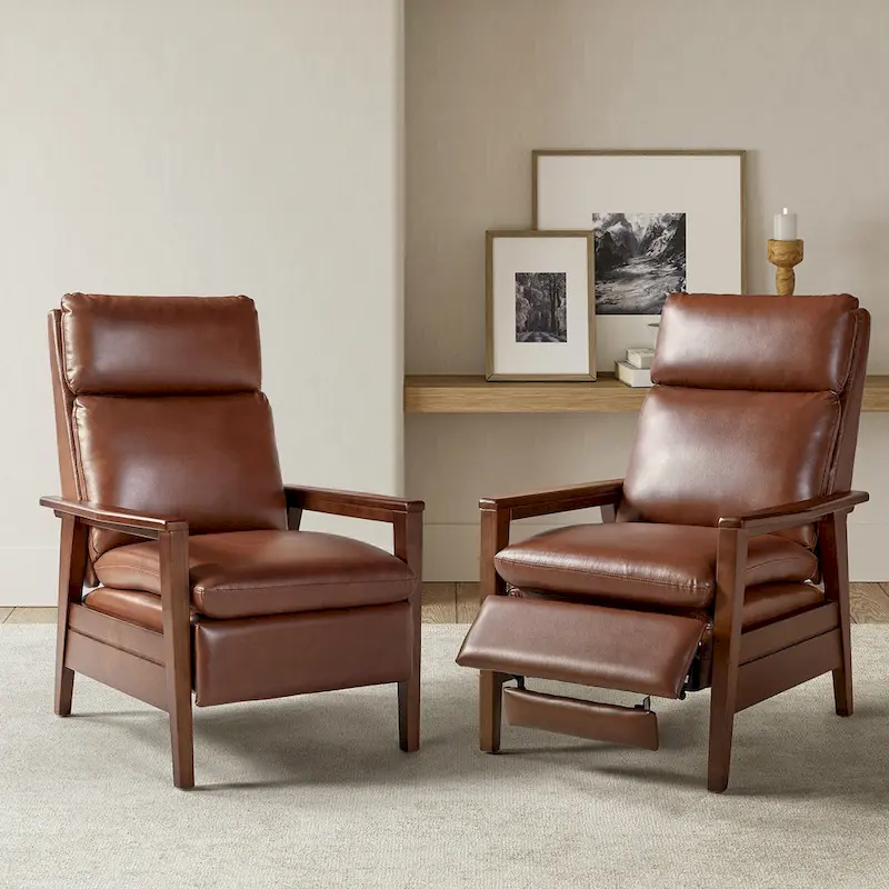 Patrick Mid-century Vegan Leather Solid Wood Recliner Set of 2 by