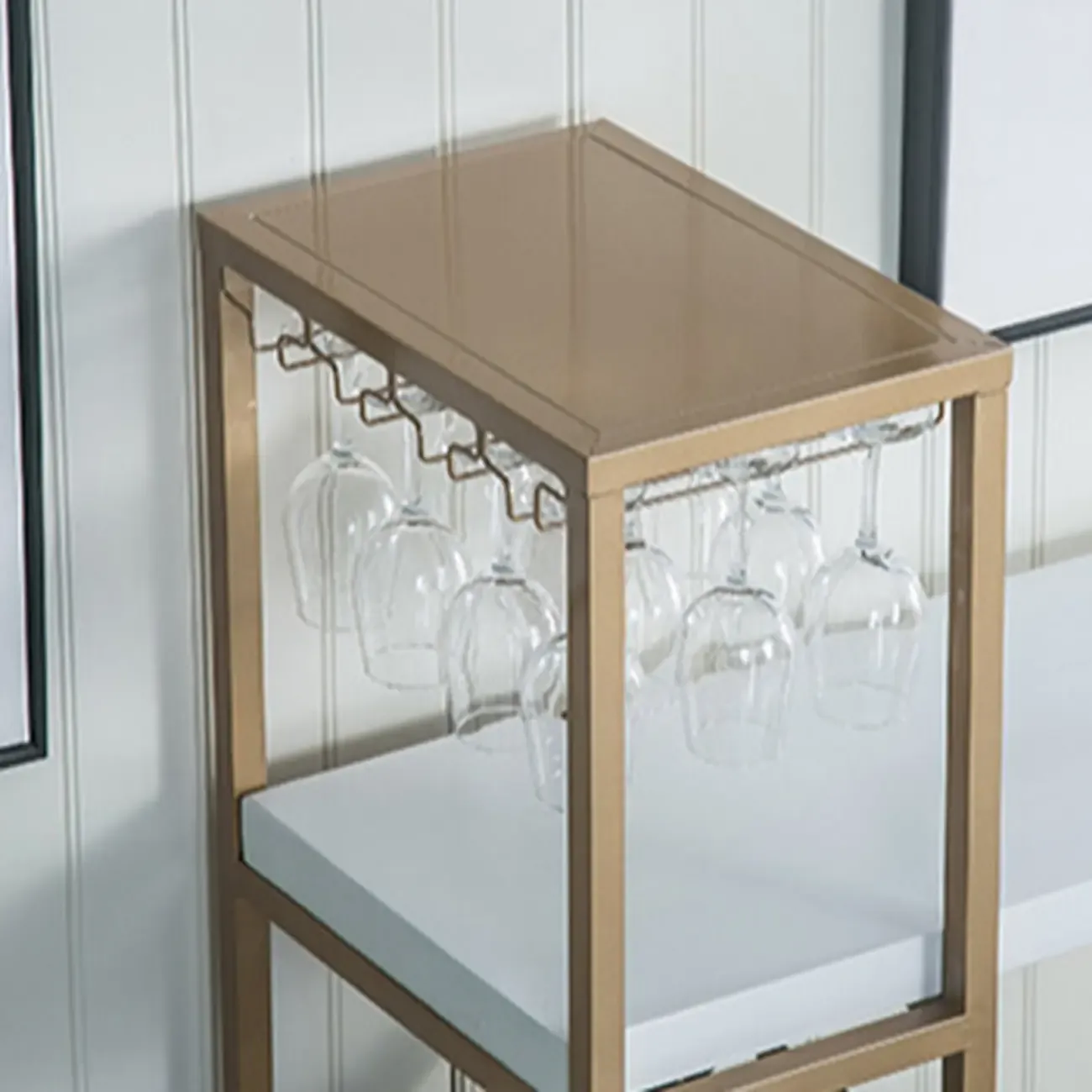 Glam White-Gold 2-Tier Shelves Bar Tables with Stemware Holders