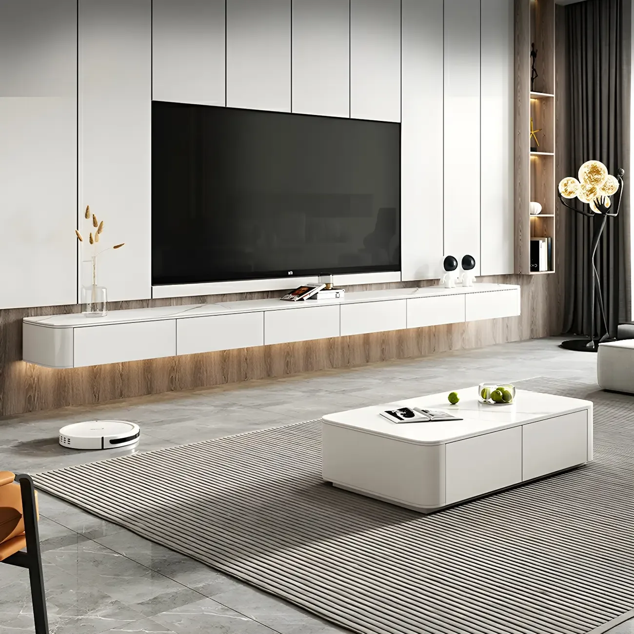 Elegant White Stone Floating TV Stand with Storage Drawers