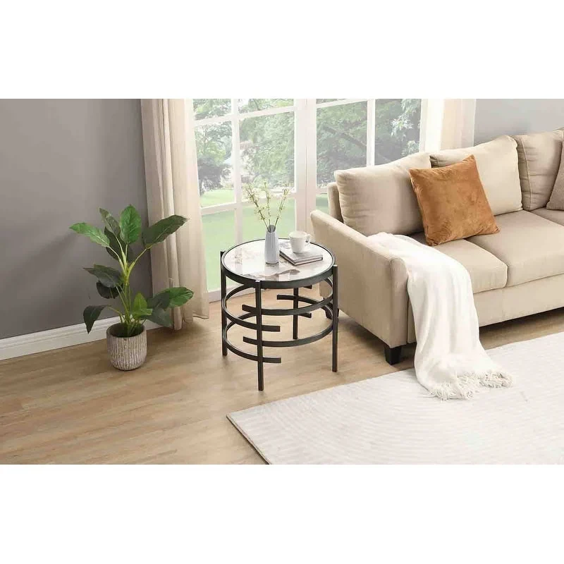 Round End Table with Sintered Stone Top and Metal Frame - 20.7 Inch