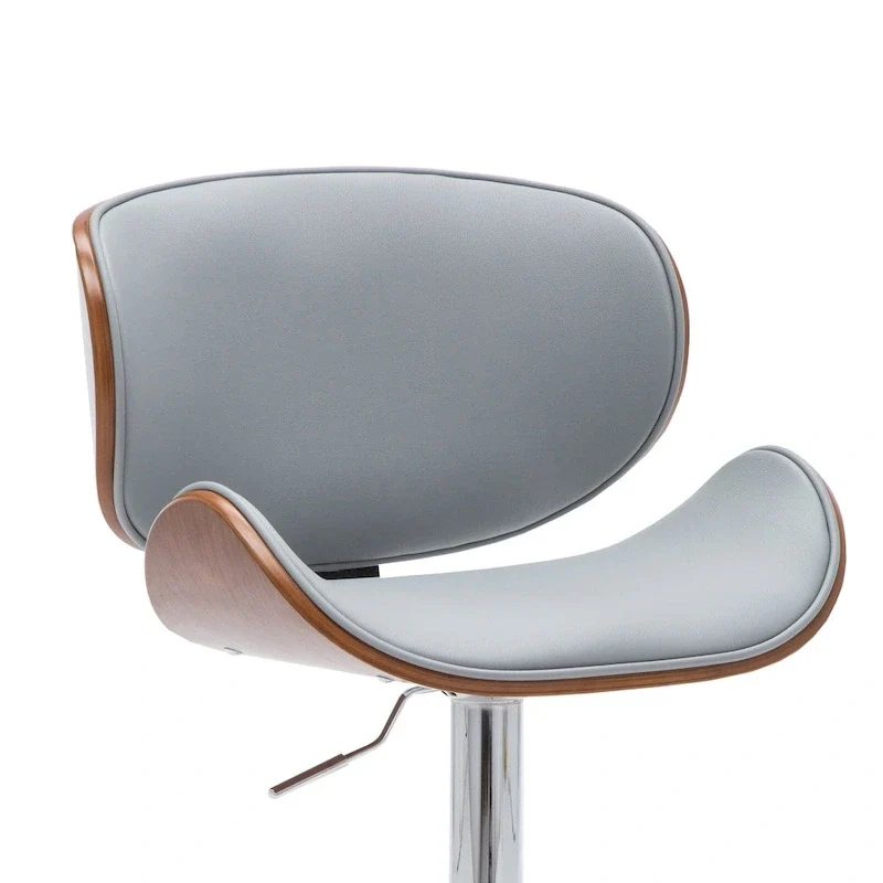 Grey / Black / White Leatherette Walnut Bentwood Swivel Bar Stool with Curved Back, Footrest and Adjustable Chrome Pedestal Base – 1-Person