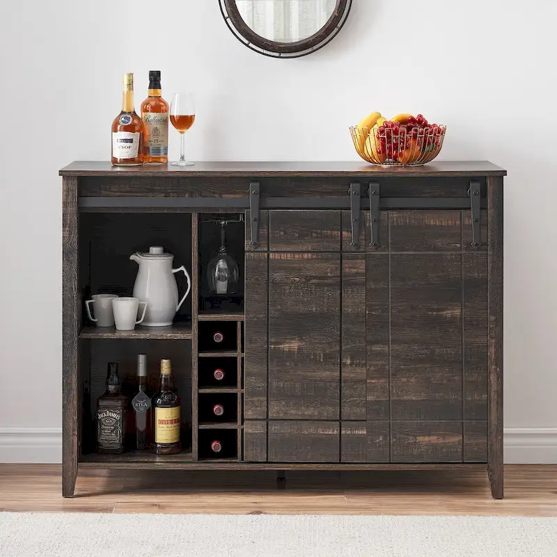 Dark Brown / White Farmhouse Sliding Barn Door Wine Bar Cabinet with 16-Bottle Rack – Single Unit
