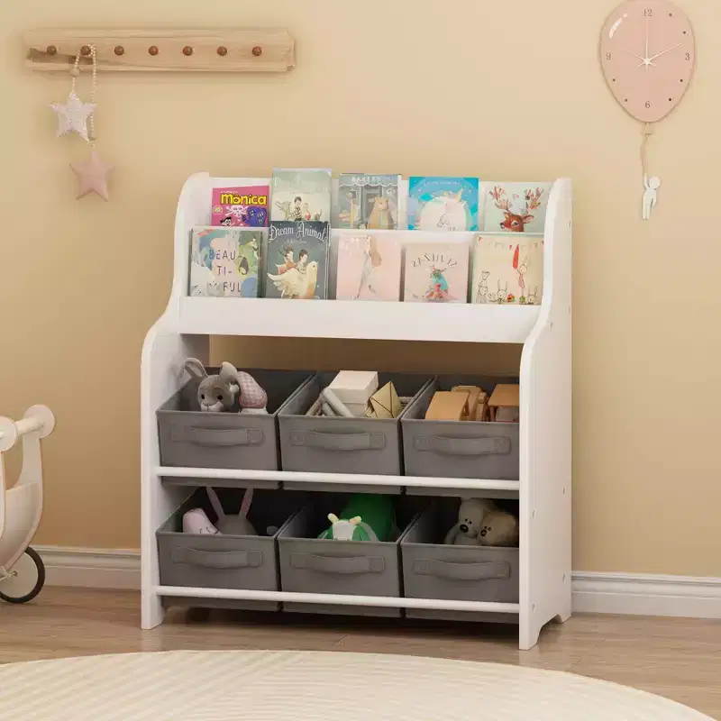 MAYEERTY Bookshelf with 6 Fabric Storage Bins, Multifunctional Children's Bookcase and Toy Organzier White