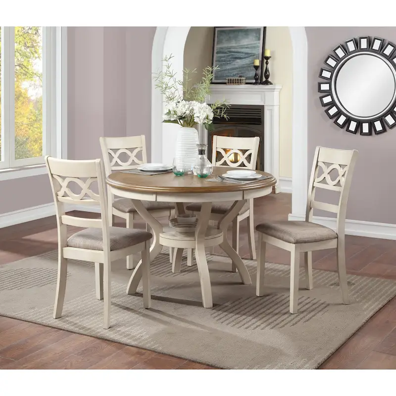 Round Farmhouse 5-Piece Dining Set, Light Grey / Beige, Rubberwood