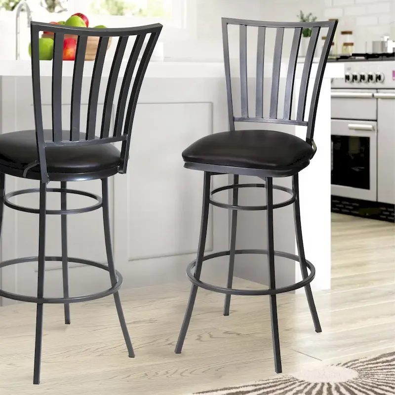 Black Faux Leather Swivel Bar Stool, Vertical Slat Back, Single Seat