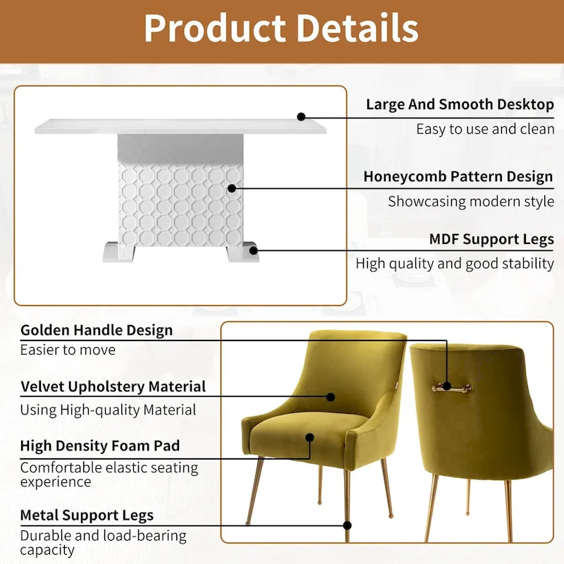 7-Piece Clihome High-gloss Extendable Table Velvet Chair Dining Set