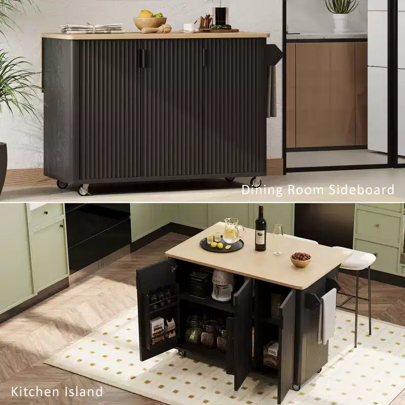 Rolling Solid Wood Kitchen Island with Rubberwood Top, 3 Drawers, 2 Cabinets, Adjustable Shelves, Spice Rack & Locking Wheels  Painted Finish