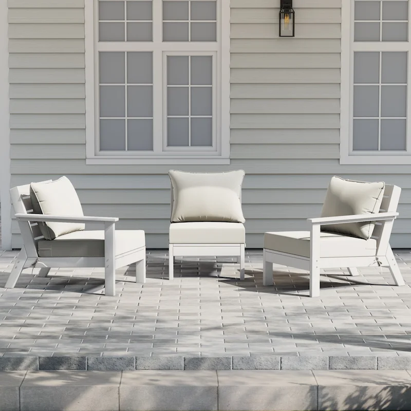 Polytrends Birchwood All Weather HDPE Outdoor Patio Deep Seating White Sofa With Cushions (3-Piece)