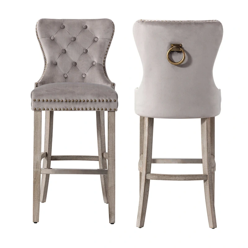 Carter 29  Wingback Tufted Nailhead Bar Stool (Set of 2), Antique Grey Legs