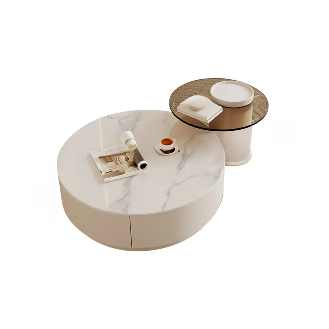 Modern Wood Round Nesting Coffee Table with 2 Drawers