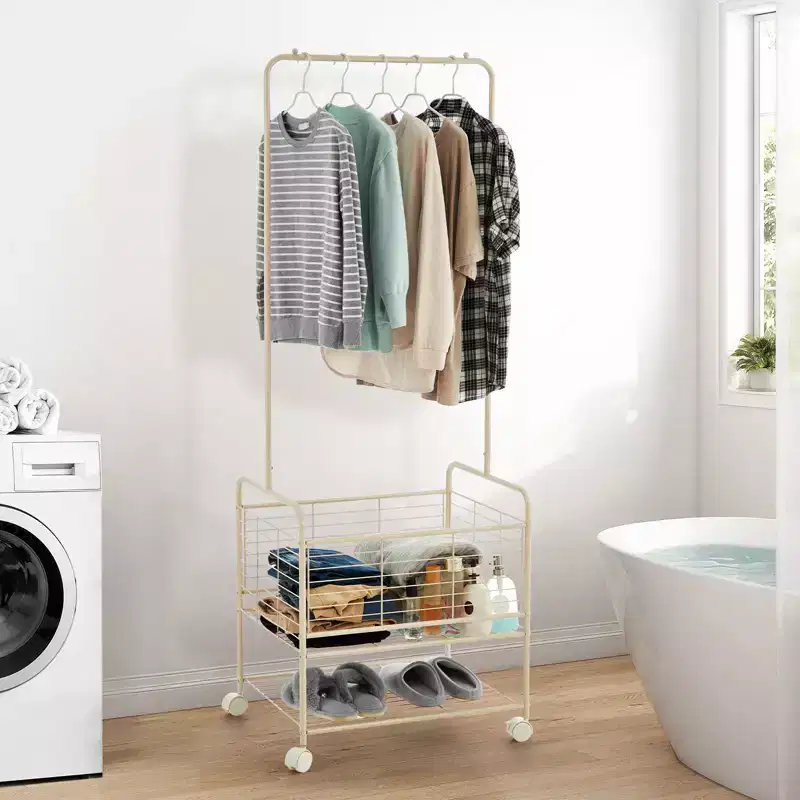 Clothes Rack, Portable Garment Rack Laundry Cart, Rolling Clothes Rack with Wheels and Shelves, Storage Shelves for Clothes
