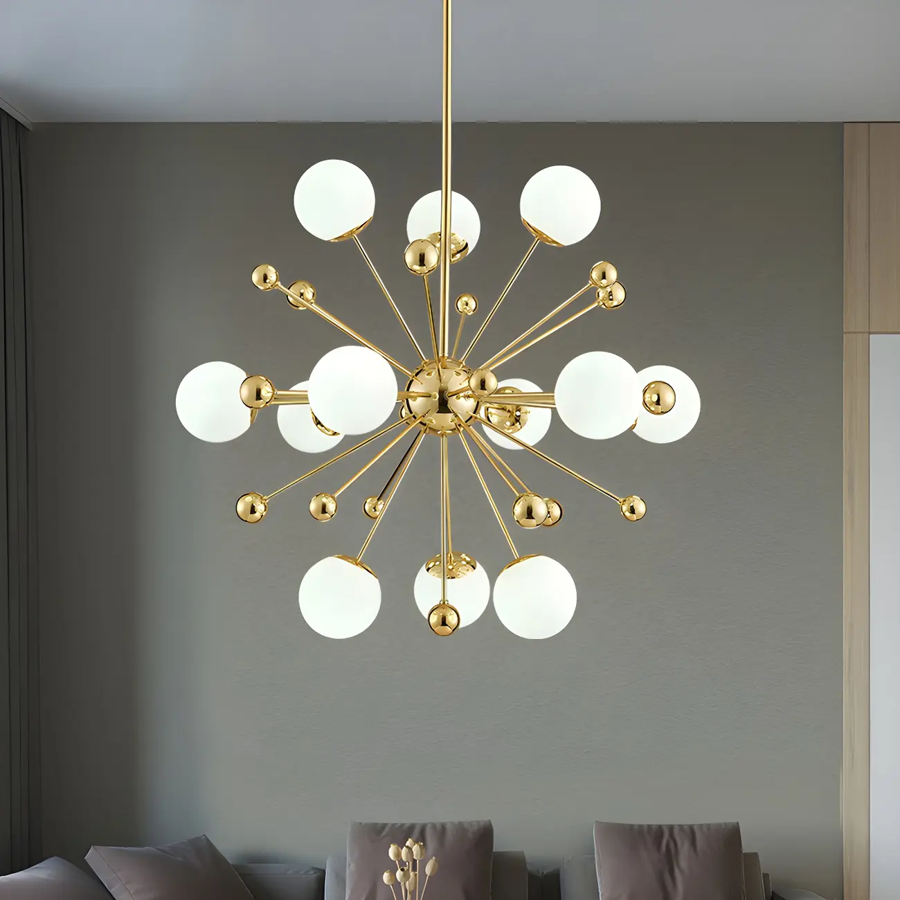 Modern 12-Light White Glass Gold Downrods Sputnik Chandelier