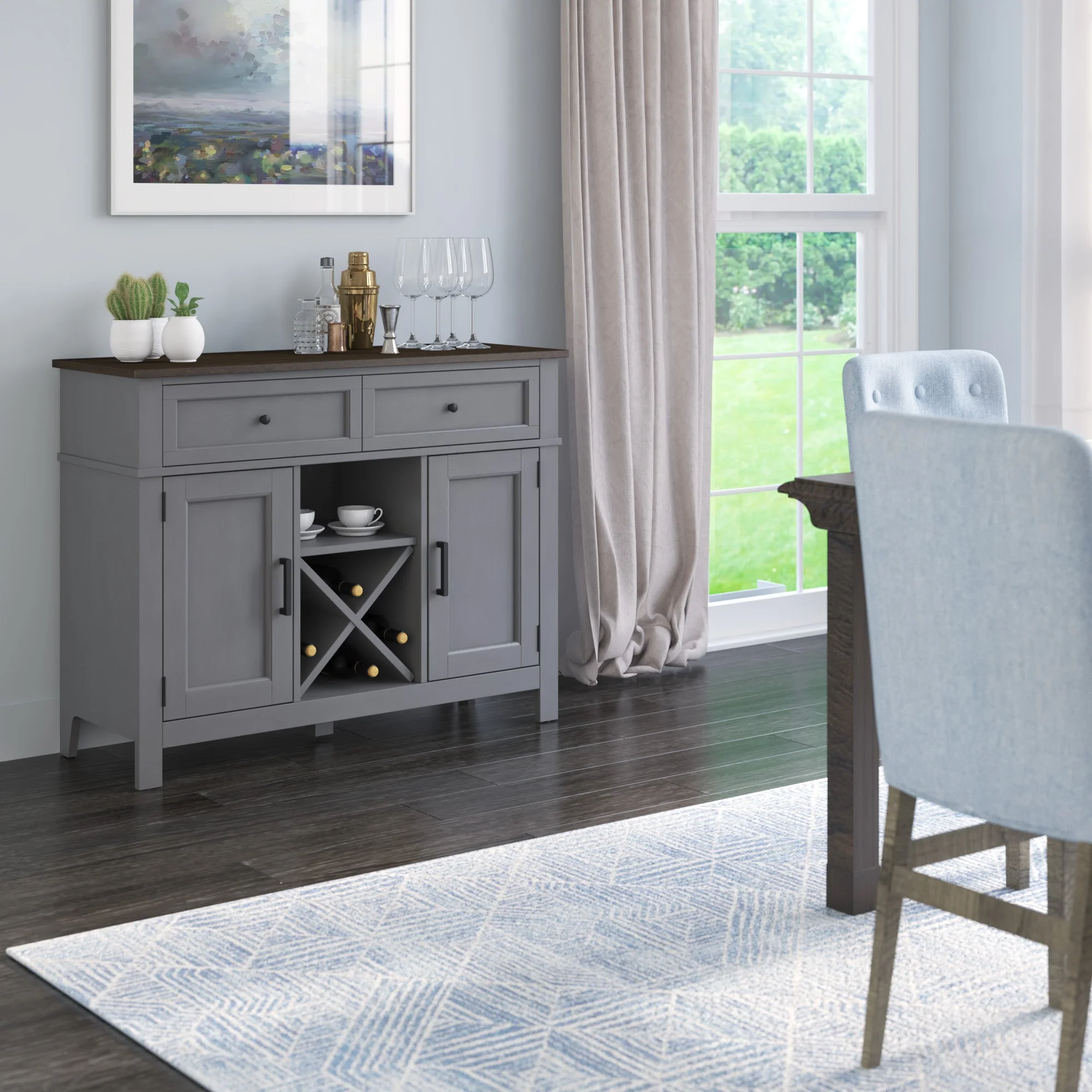 Farmhouse Buffet Sideboard with Wine Shelving and Stemware Storage