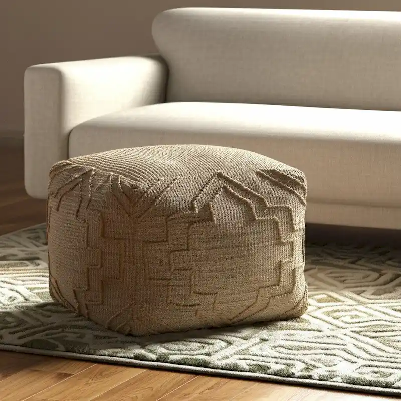 HomeRoots 18 Natural Jute Blend Cube Quatrefoil Pouf Ottoman