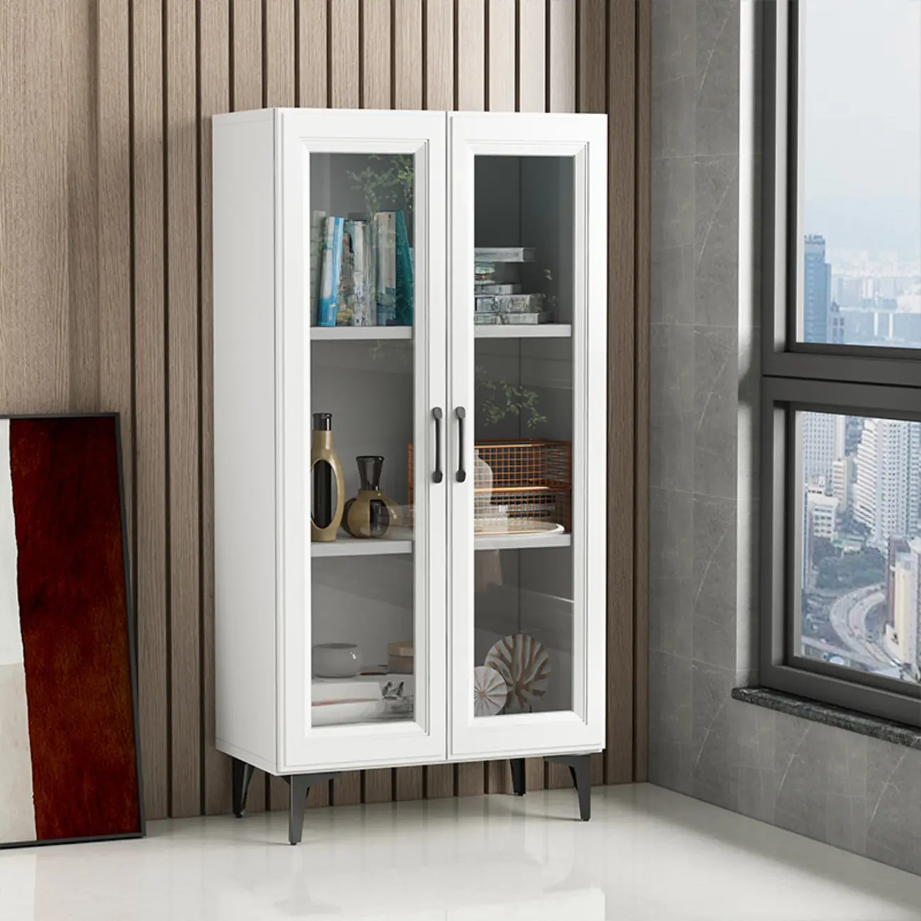 Standard White 2-Drawer Wood Bookshelf with Glass Door