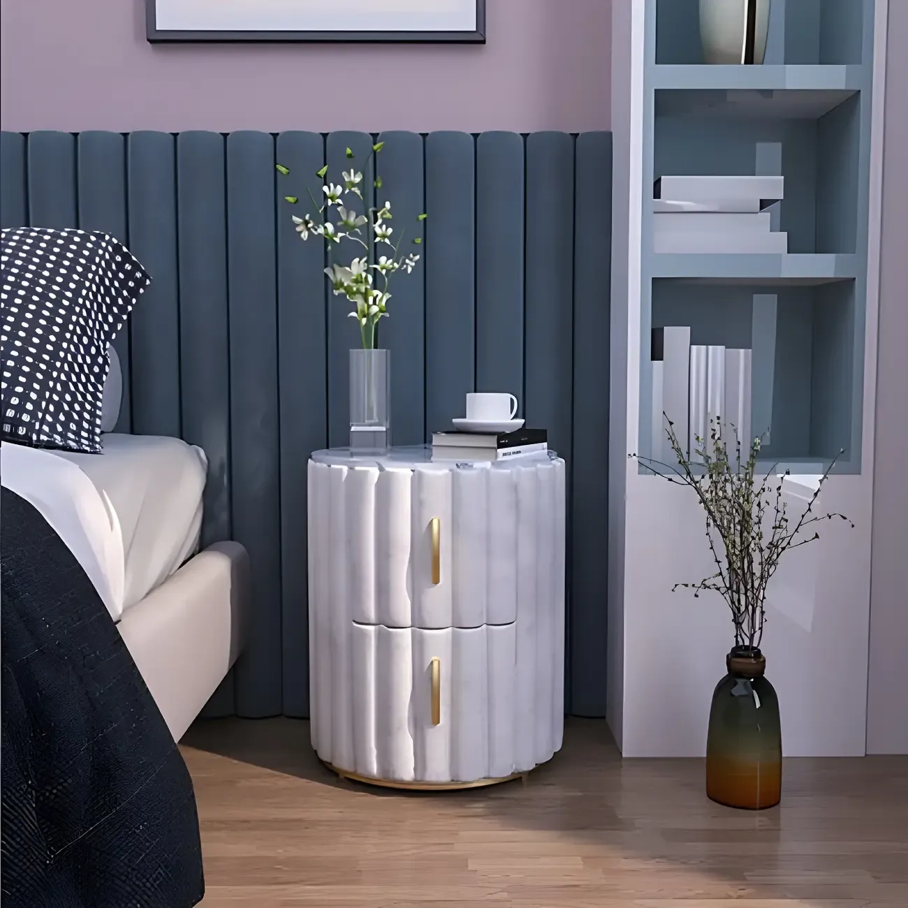 Glam Genuine Marble Nightstand with Drawers & Metal Base