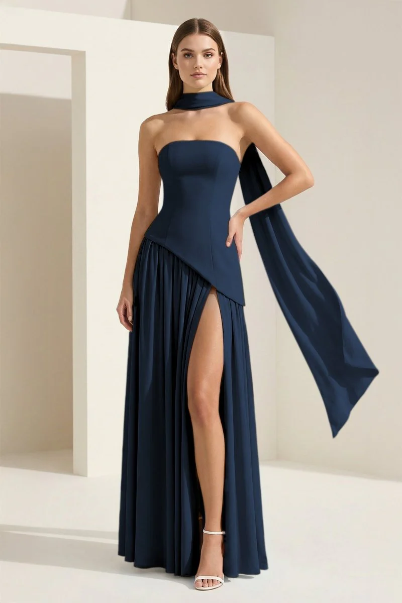 Pink - Strapless Sheath Chiffon Long Prom Dresses With Slit