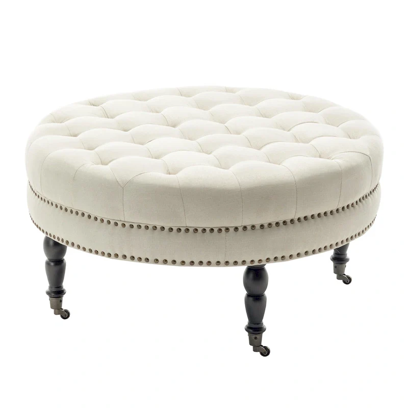 Round Fabric Cocktail Ottoman with Metal Frame – 34.65 in, 265 lbs Capacity, Beige/Dark Grey