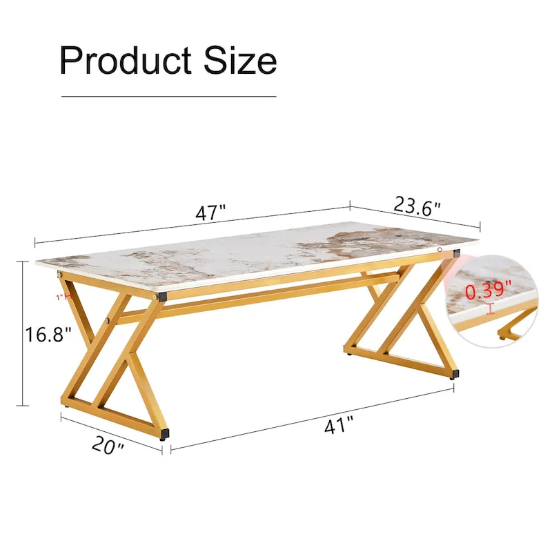 47 Modern Rectangular Coffee Table with Sintered Stone Tabletop and X-shaped Metal Legs