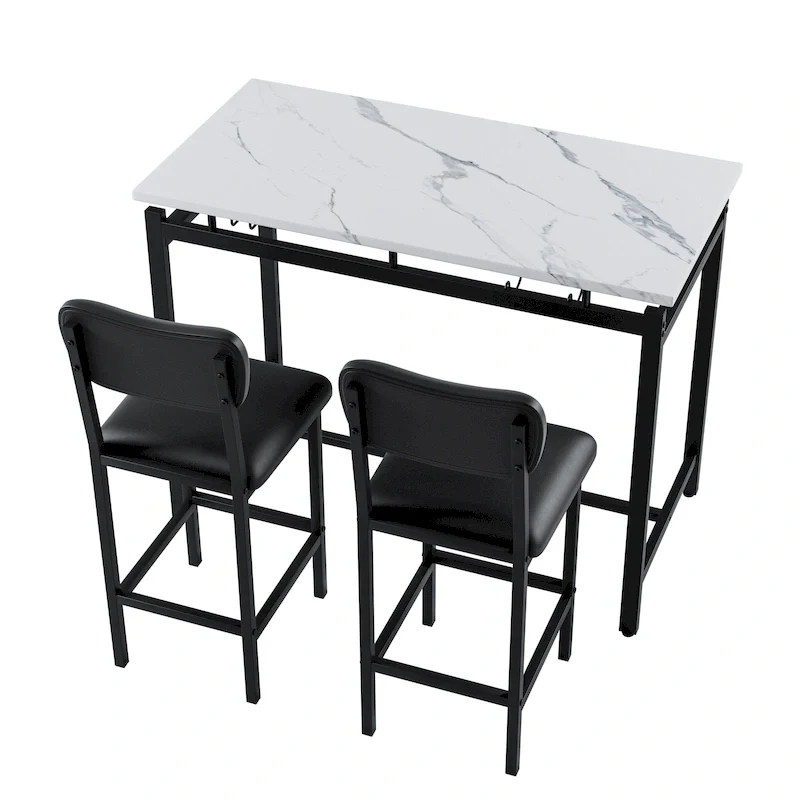 White Marble-Top Bar Table Set with 2 Stools, 2-Person