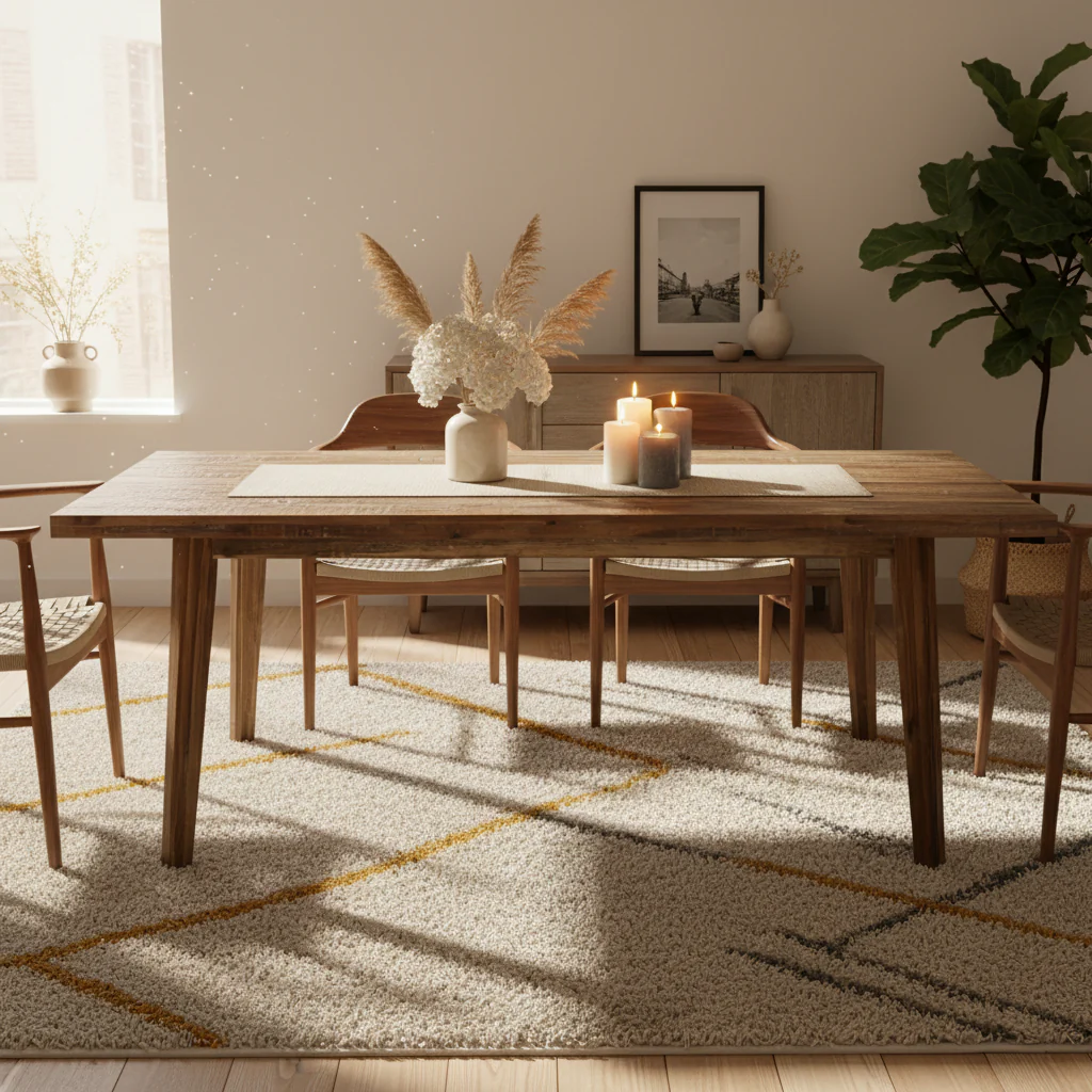 Dining table, light brown acacia wood, rectangular, 86-inch tabletop