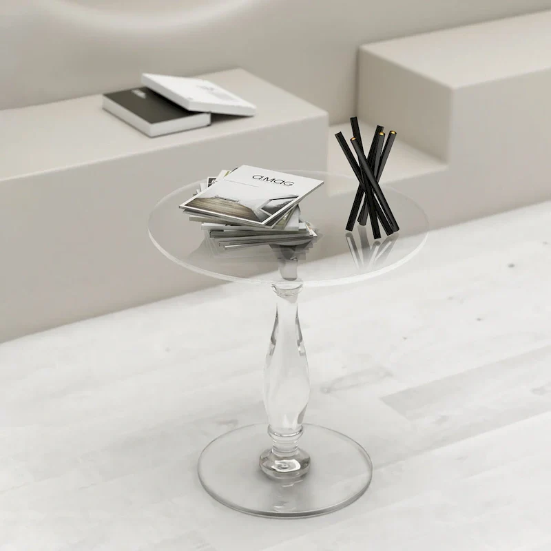Clear Acrylic Round End Table Solid Post Side Table Nightstand - 18 Dia. x 19 H