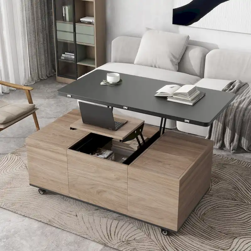 Brown / White Lift-Top Coffee Table with Storage, for 1–2 Users