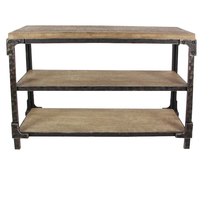 Brown Industrial Solid Wood & Metal Console Table with 3 Shelves - Single Use
