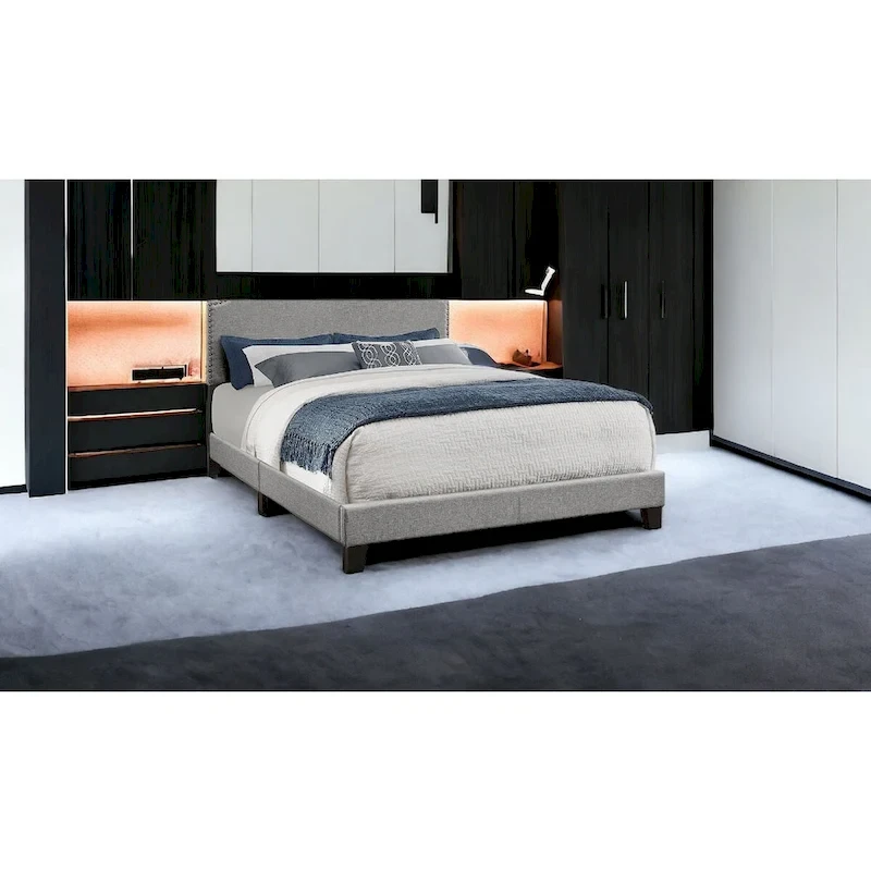 Grey Polyester Upholstered Queen Bed Frame with Headboard and Nailhead Trim
