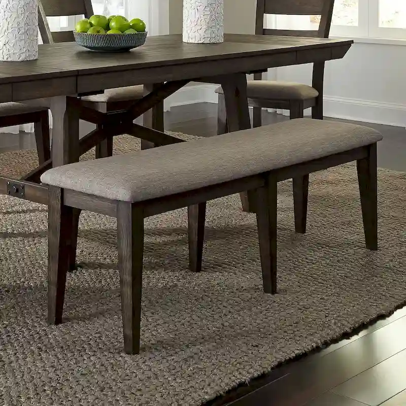 Dark Chestnut and Gray Linen Upholstered Rubberwood Dining Bench with Tapered Legs – 2-Person