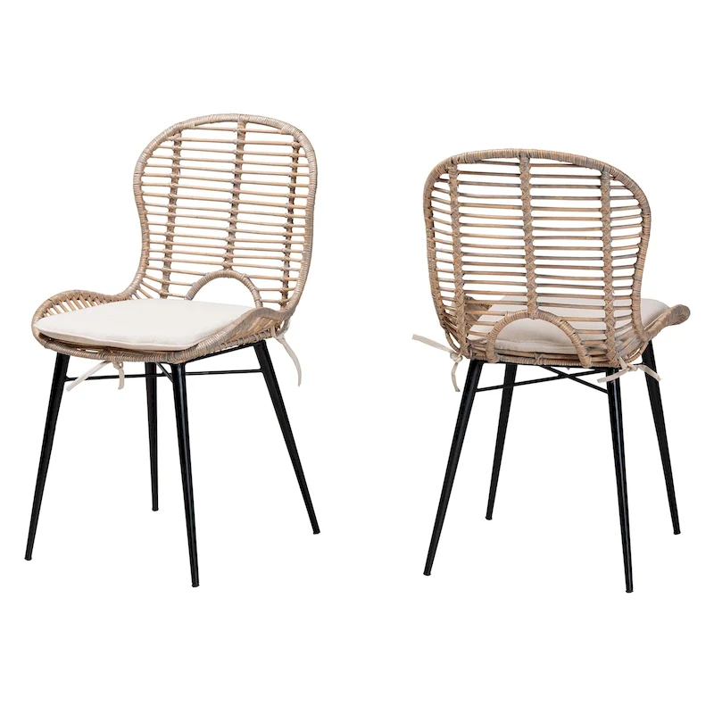 Brenna Modern Bohemian Rattan and Metal 2-Piece Dining Chair Set
