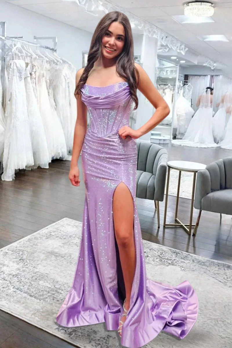 Sky Blue Strapless Satin Beaded Mermaid Long Prom Dresses With Slit