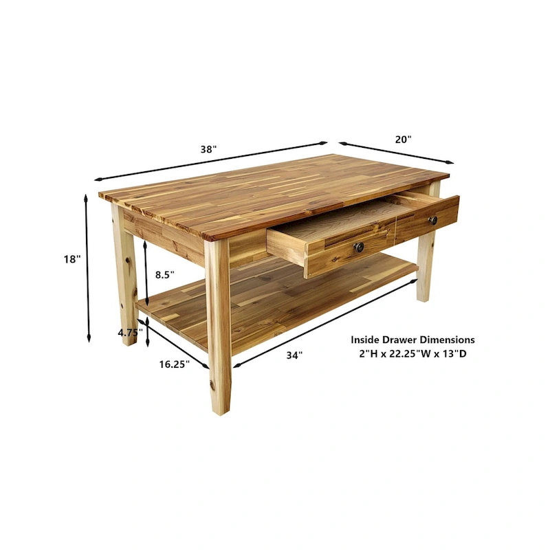 Solid Acacia Coffee Table with Drawer & Bottom Shelf