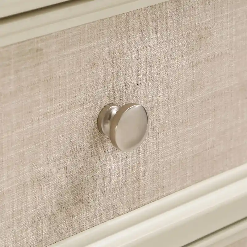 White Finish 3-Drawer Dresser with Beige Linen Upholstered Drawer Faces & Soft-Close Glides