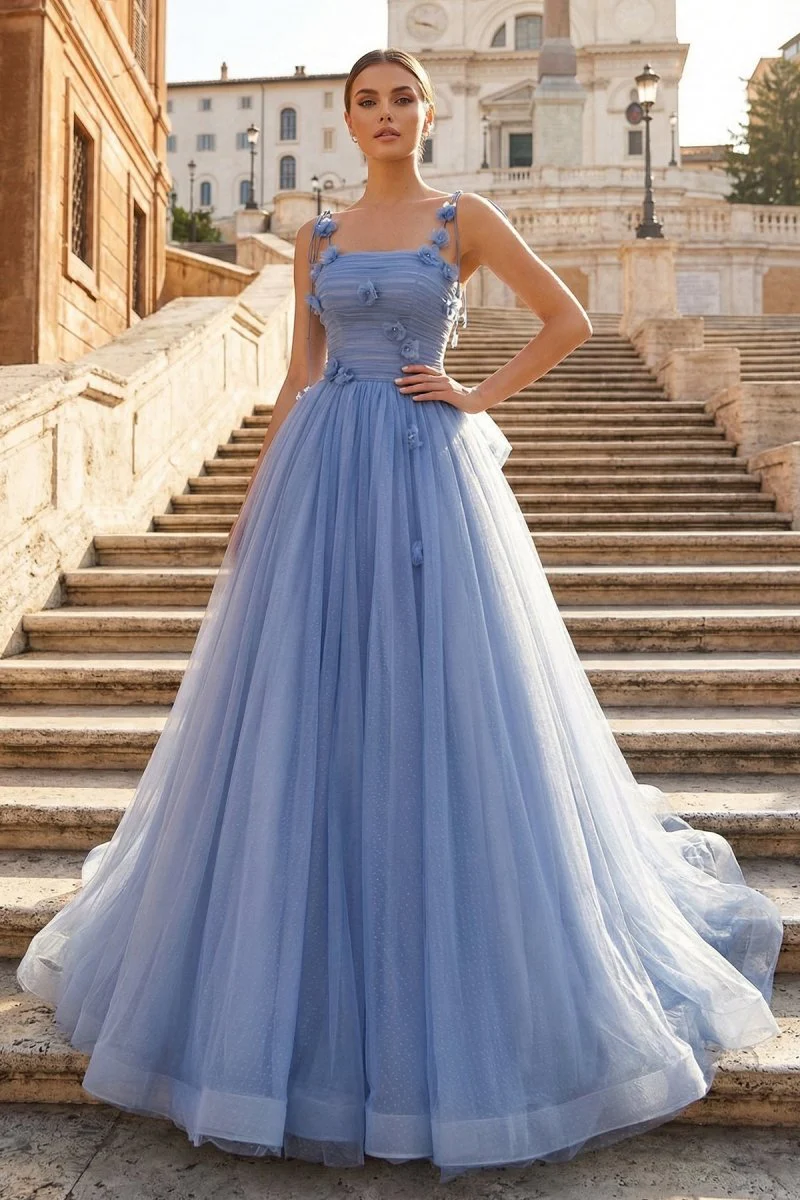 Blue Tulle Long A-Line Prom Dress Blue Spaghetti Straps Party Dress with Bow