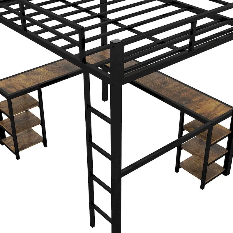 Full Metal Loft Bed with Desk and Shelves, Ladder and Guardrails